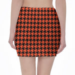 Orange And Black Houndstooth Print Pencil Mini Skirt