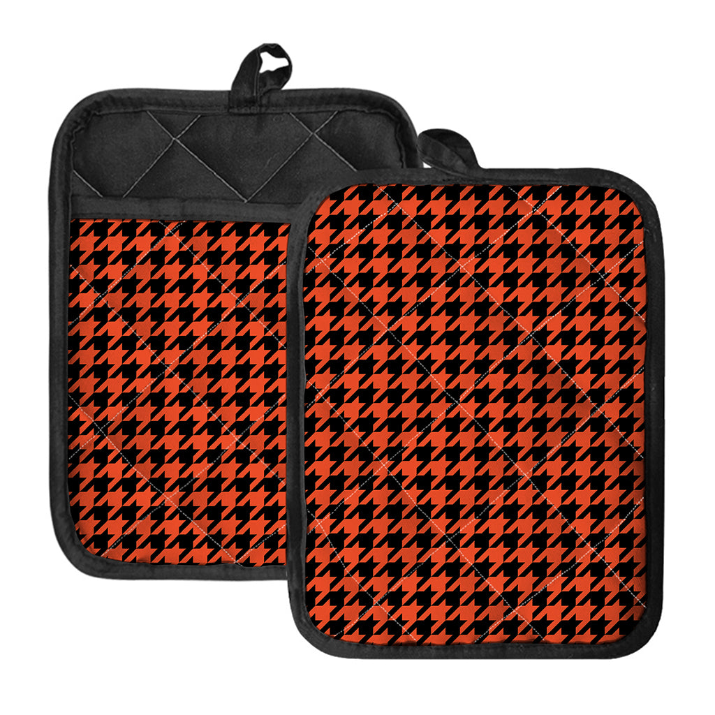 Orange And Black Houndstooth Print Pot Holders With Pocket
