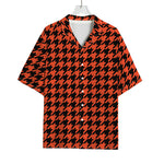 Orange And Black Houndstooth Print Rayon Hawaiian Shirt