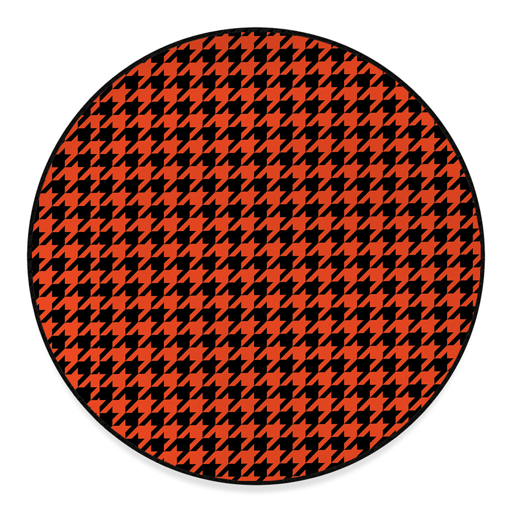 Orange And Black Houndstooth Print Round Floor Mat