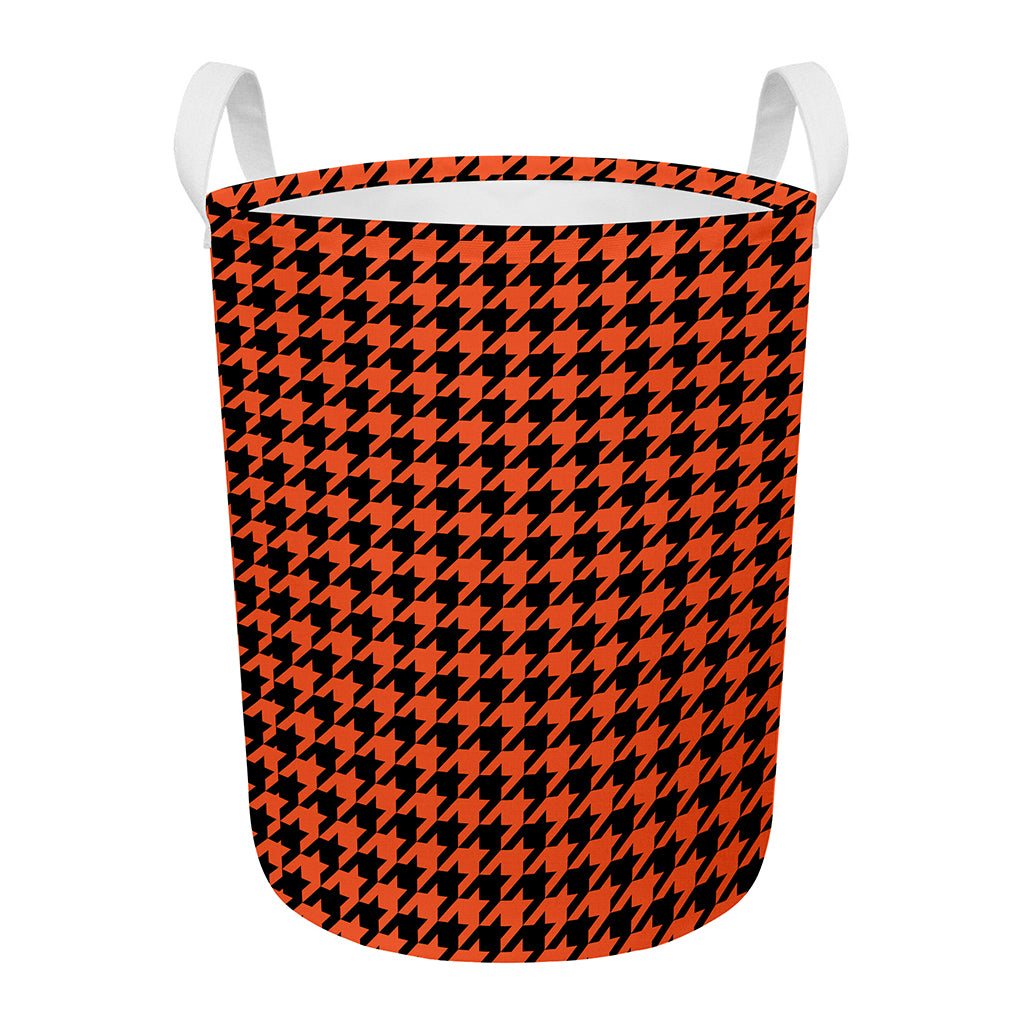 Orange And Black Houndstooth Print Round Laundry Basket