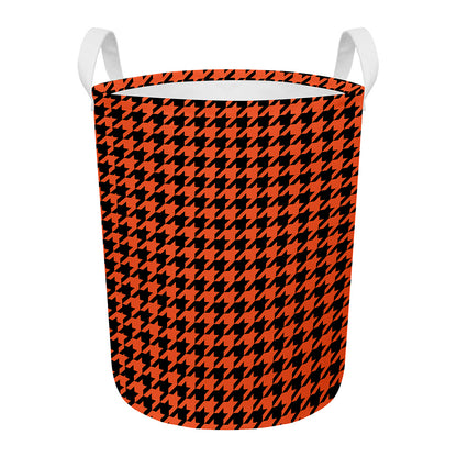 Orange And Black Houndstooth Print Round Laundry Basket