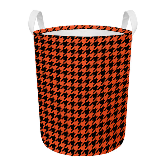 Orange And Black Houndstooth Print Round Laundry Basket