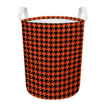 Orange And Black Houndstooth Print Round Laundry Basket
