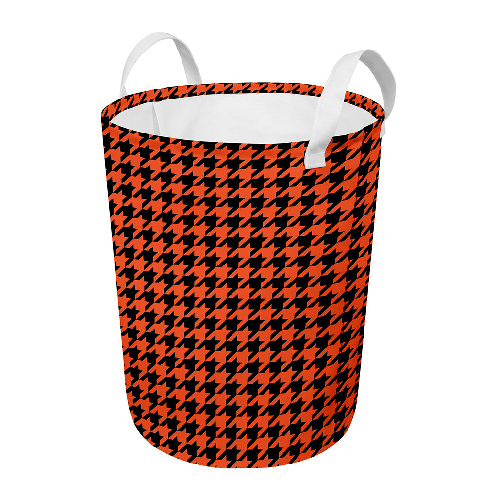 Orange And Black Houndstooth Print Round Laundry Basket