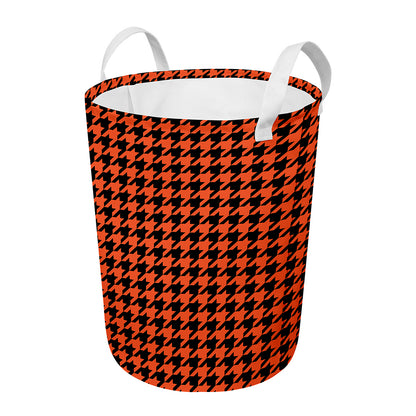 Orange And Black Houndstooth Print Round Laundry Basket