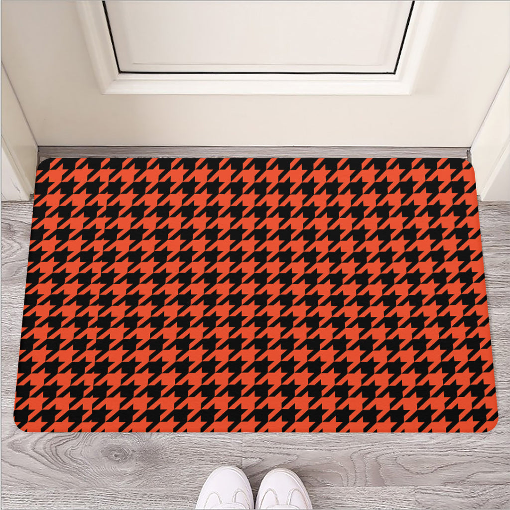 Orange And Black Houndstooth Print Rubber Doormat