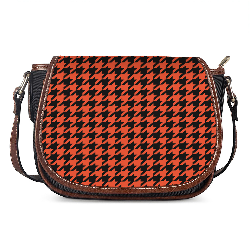 Orange And Black Houndstooth Print Saddle Bag