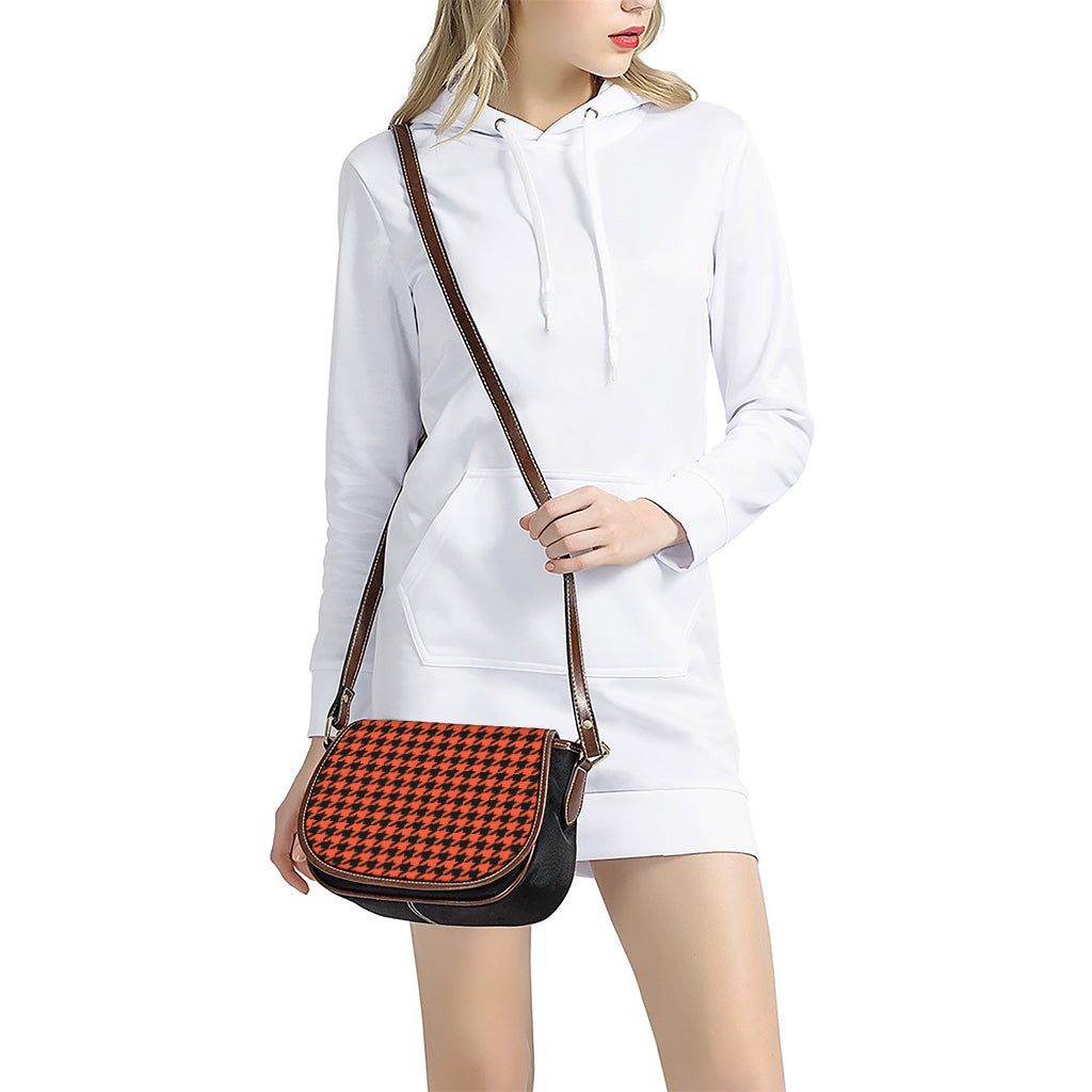 Orange And Black Houndstooth Print Saddle Bag