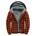 Orange And Black Houndstooth Print Sherpa Lined Zip Up Hoodie