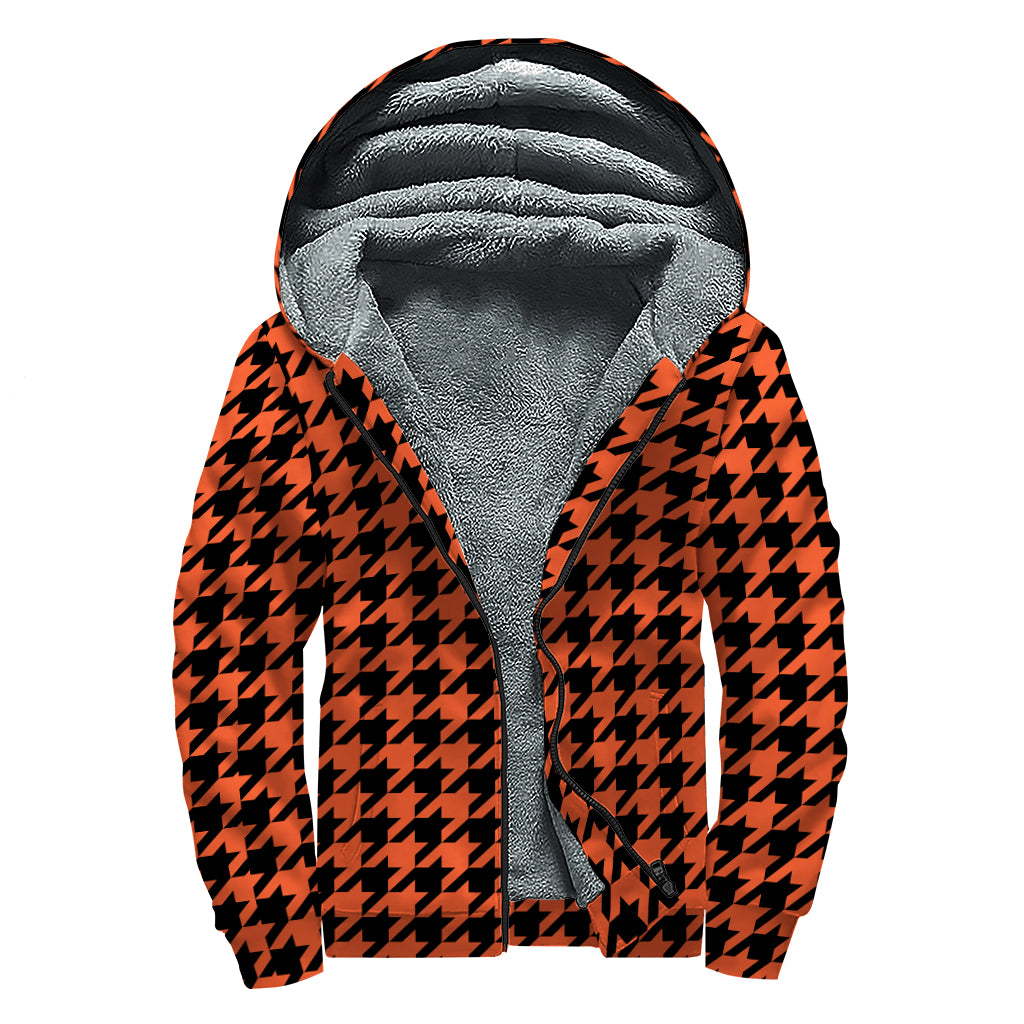 Orange And Black Houndstooth Print Sherpa Lined Zip Up Hoodie