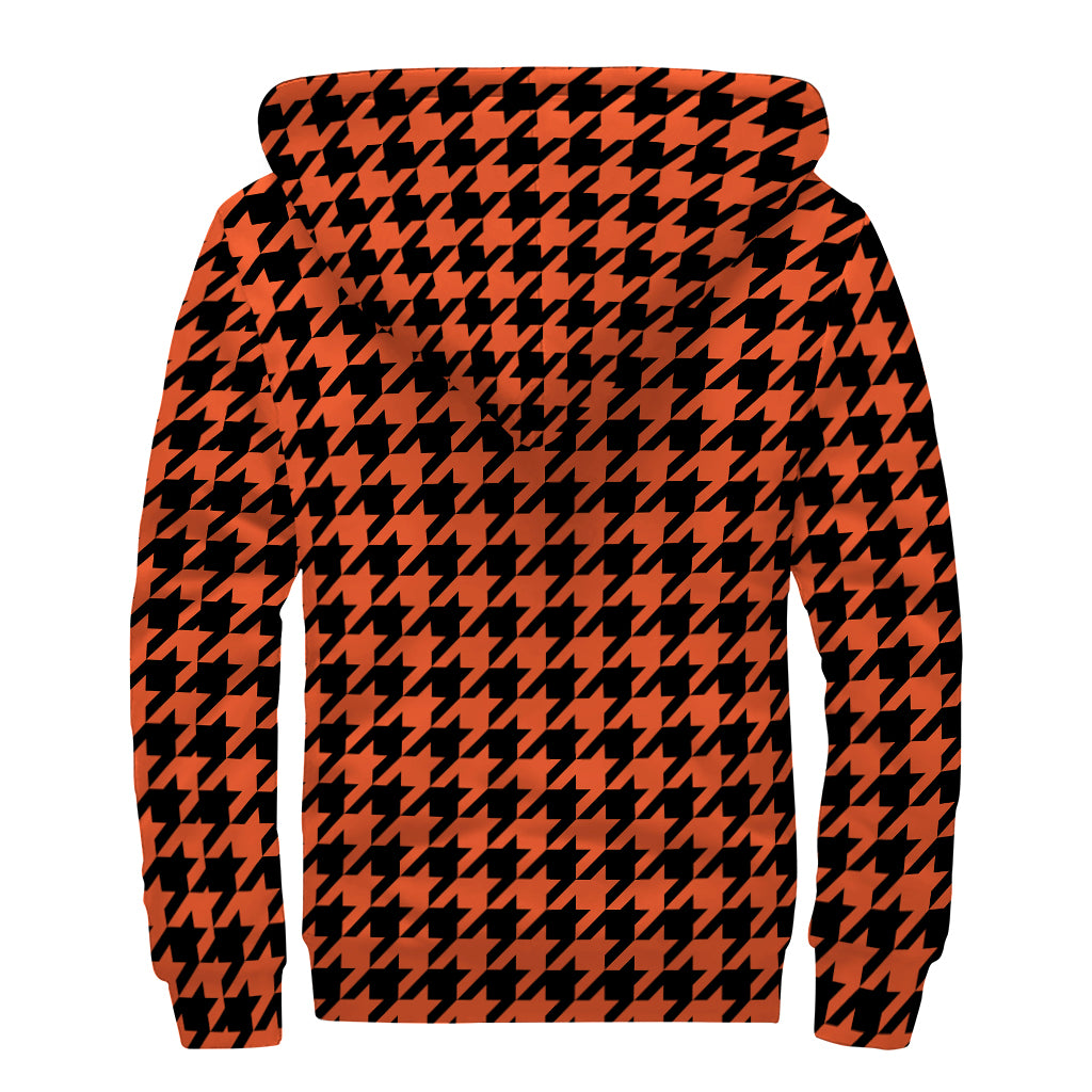 Orange And Black Houndstooth Print Sherpa Lined Zip Up Hoodie