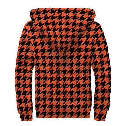 Orange And Black Houndstooth Print Sherpa Lined Zip Up Hoodie
