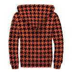Orange And Black Houndstooth Print Sherpa Lined Zip Up Hoodie