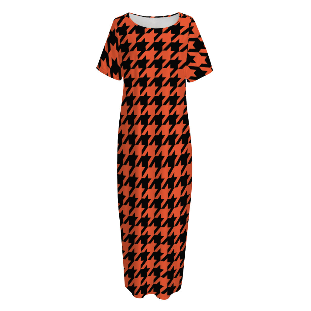 Orange And Black Houndstooth Print Short Sleeve Long Nightdress