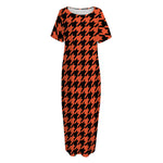 Orange And Black Houndstooth Print Short Sleeve Long Nightdress