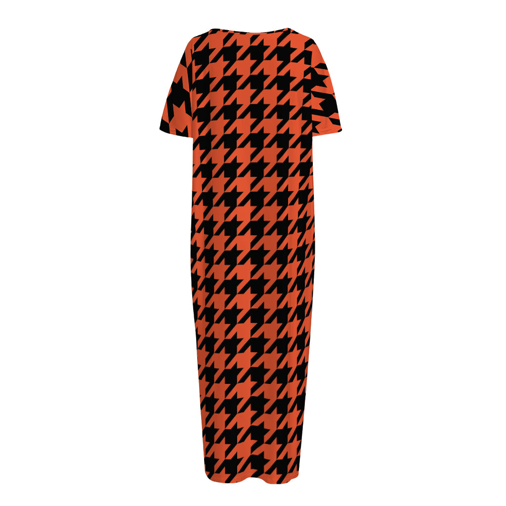 Orange And Black Houndstooth Print Short Sleeve Long Nightdress