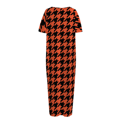 Orange And Black Houndstooth Print Short Sleeve Long Nightdress