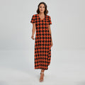 Orange And Black Houndstooth Print Short Sleeve Maxi Dress