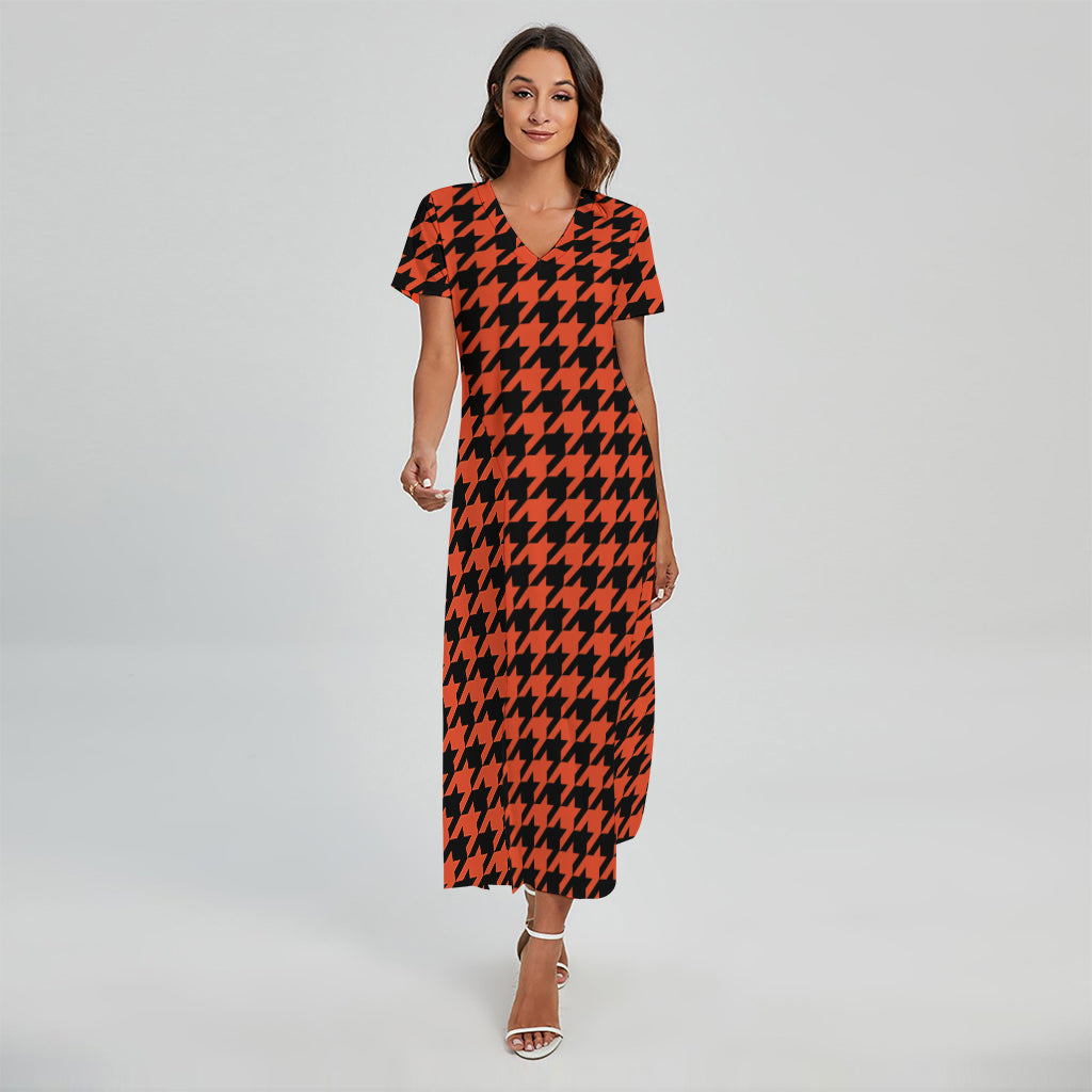 Orange And Black Houndstooth Print Short Sleeve Maxi Dress