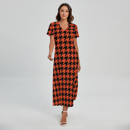 Orange And Black Houndstooth Print Short Sleeve Maxi Dress