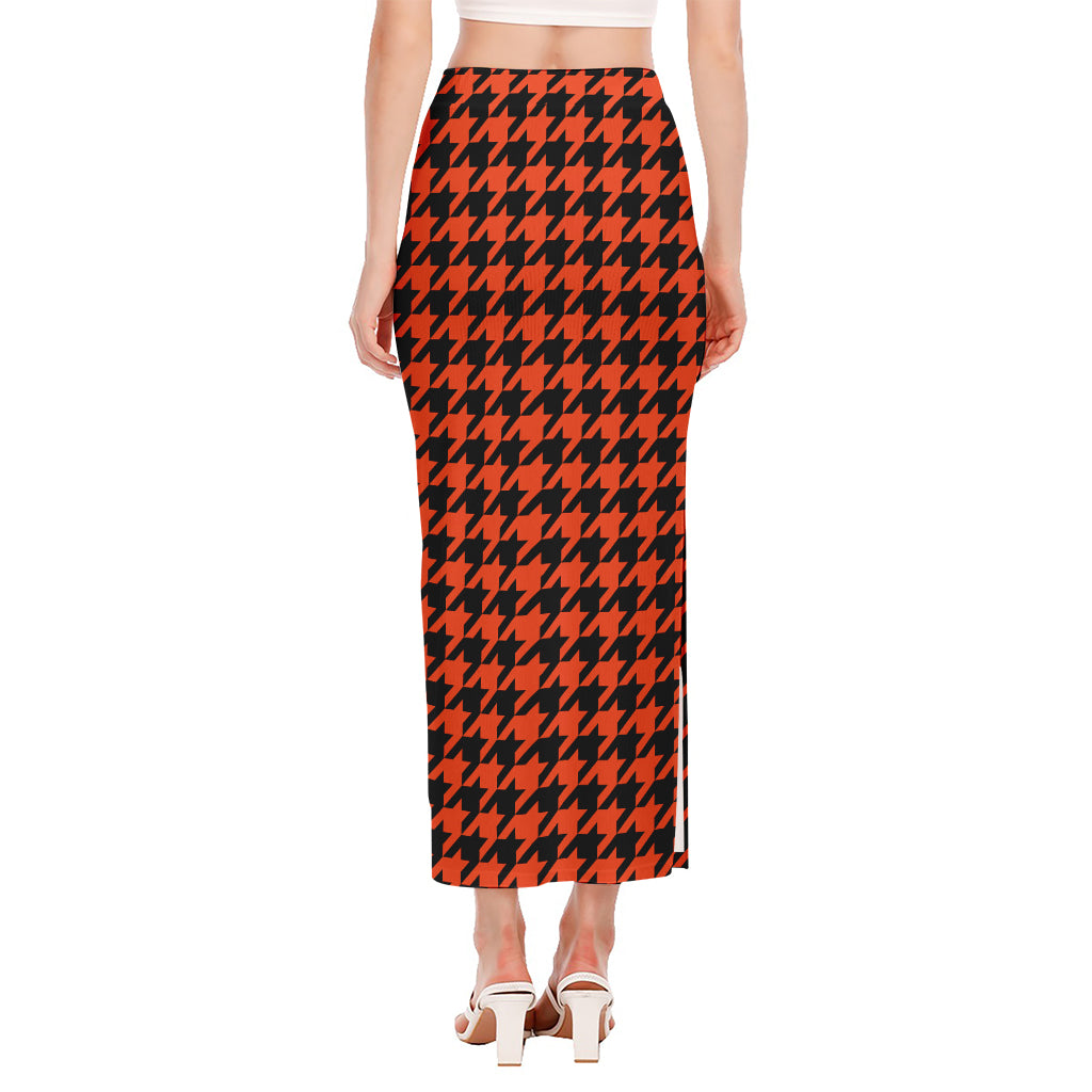 Orange And Black Houndstooth Print Side Slit Maxi Skirt