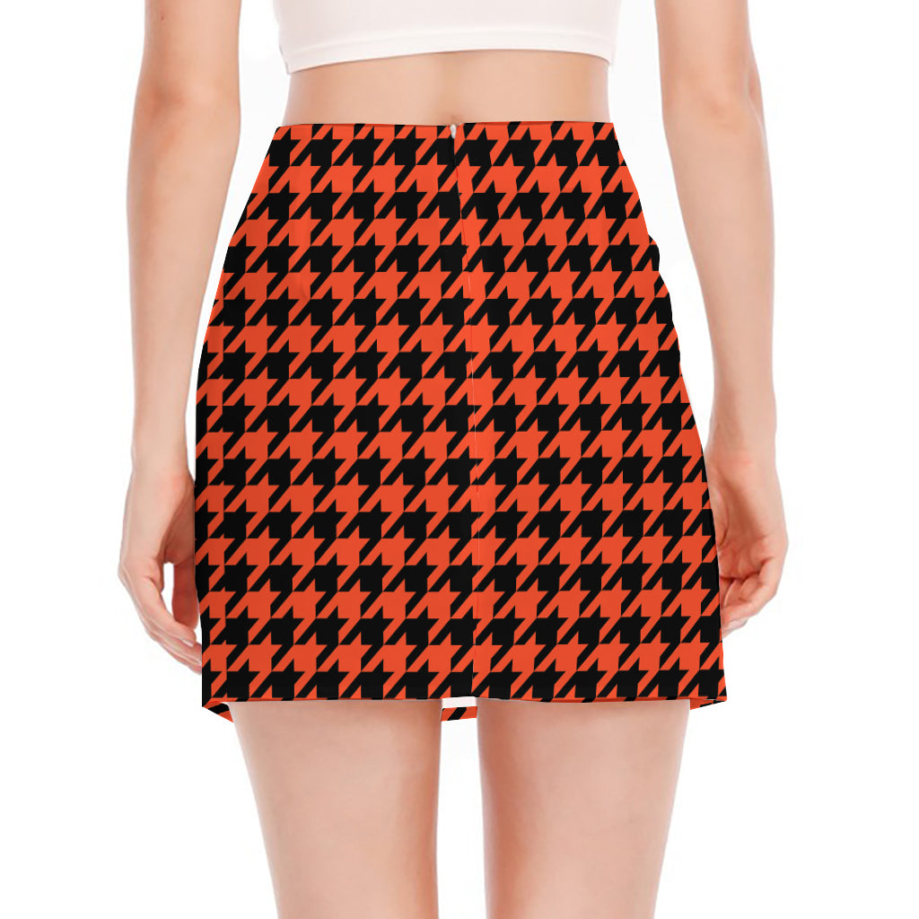 Orange And Black Houndstooth Print Side Slit Mini Skirt