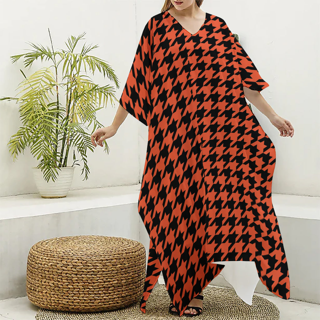 Orange And Black Houndstooth Print Silk V-Neck Kaftan Dress