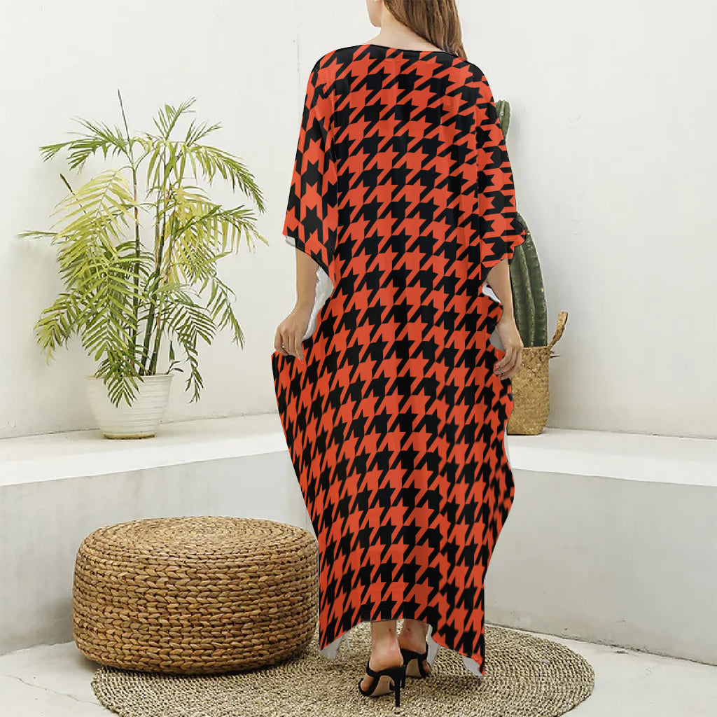 Orange And Black Houndstooth Print Silk V-Neck Kaftan Dress