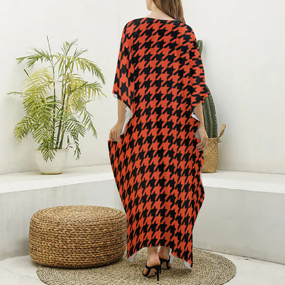 Orange And Black Houndstooth Print Silk V-Neck Kaftan Dress