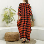 Orange And Black Houndstooth Print Silk V-Neck Kaftan Dress