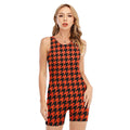 Orange And Black Houndstooth Print Sleeveless One Piece Swimsuit