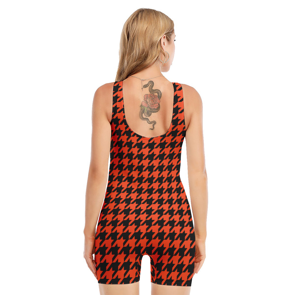 Orange And Black Houndstooth Print Sleeveless One Piece Swimsuit