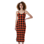 Orange And Black Houndstooth Print Slim Fit Midi Cami Dress