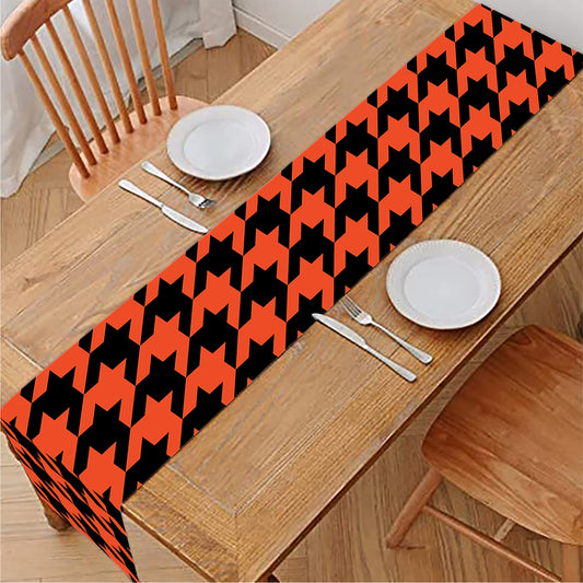 Orange And Black Houndstooth Print Table Runner