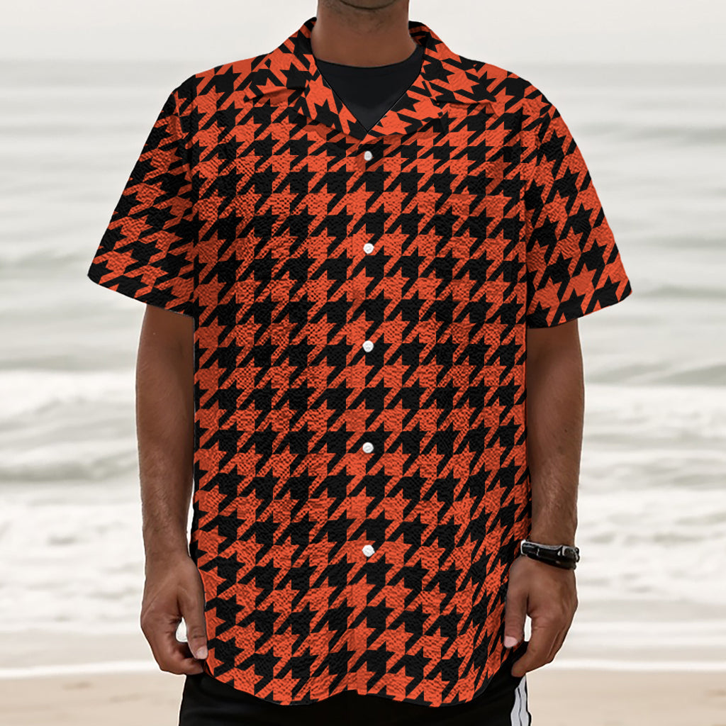 Orange And Black Houndstooth Print Textured Short Sleeve Shirt