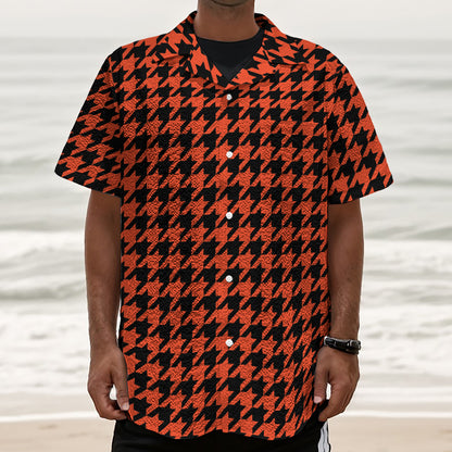 Orange And Black Houndstooth Print Textured Short Sleeve Shirt