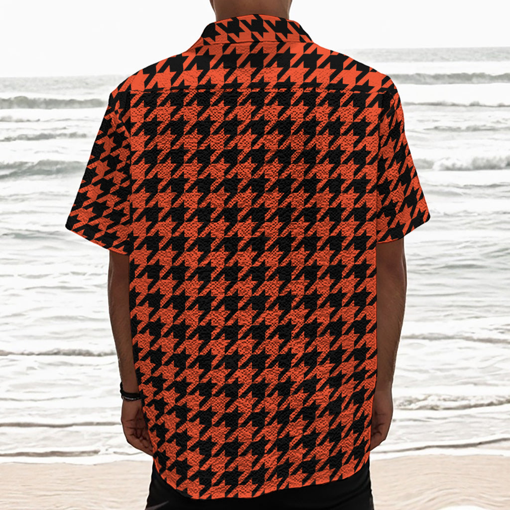 Orange And Black Houndstooth Print Textured Short Sleeve Shirt