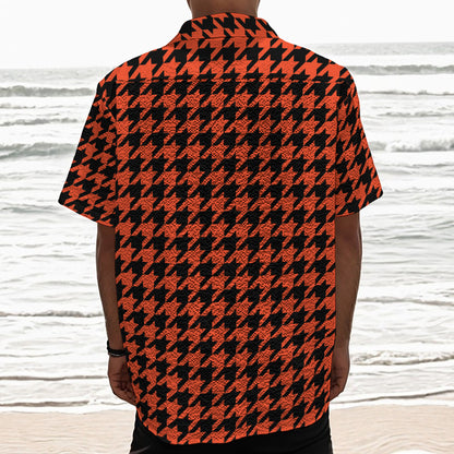 Orange And Black Houndstooth Print Textured Short Sleeve Shirt