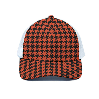 Orange And Black Houndstooth Print White Mesh Trucker Cap