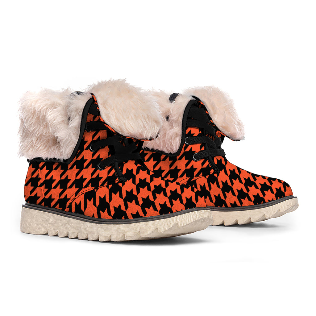 Orange And Black Houndstooth Print Winter Boots