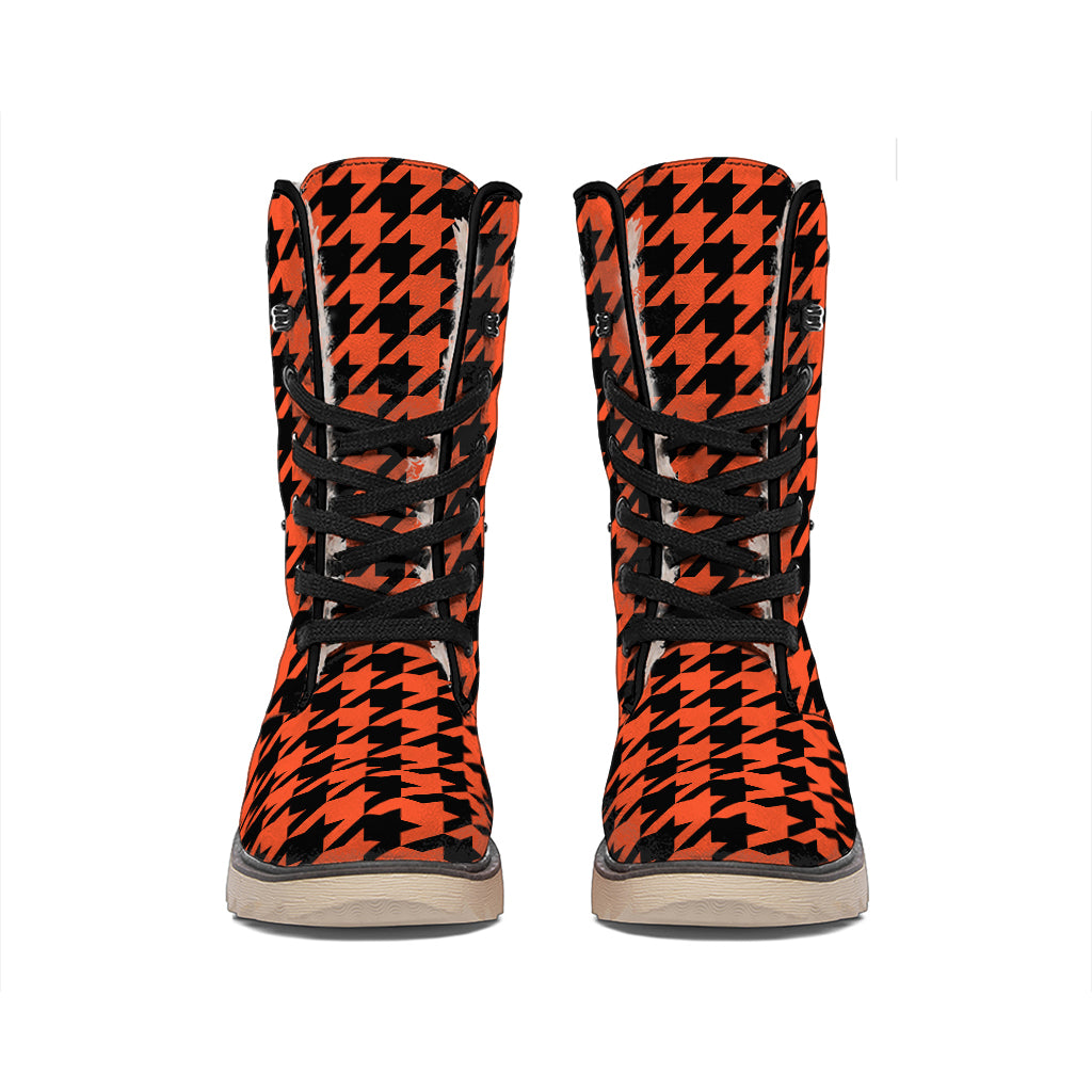 Orange And Black Houndstooth Print Winter Boots