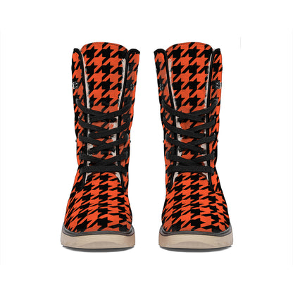 Orange And Black Houndstooth Print Winter Boots