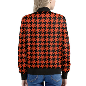 Orange And Black Houndstooth Print Women's Bomber Jacket