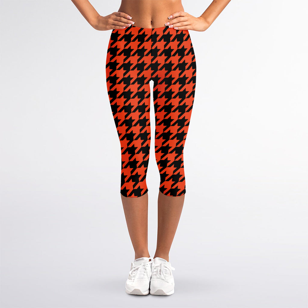 Orange And Black Houndstooth Print Women's Capri Leggings