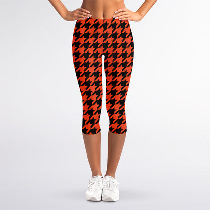 Orange And Black Houndstooth Print Women's Capri Leggings