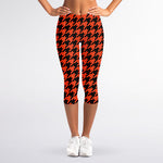 Orange And Black Houndstooth Print Women's Capri Leggings