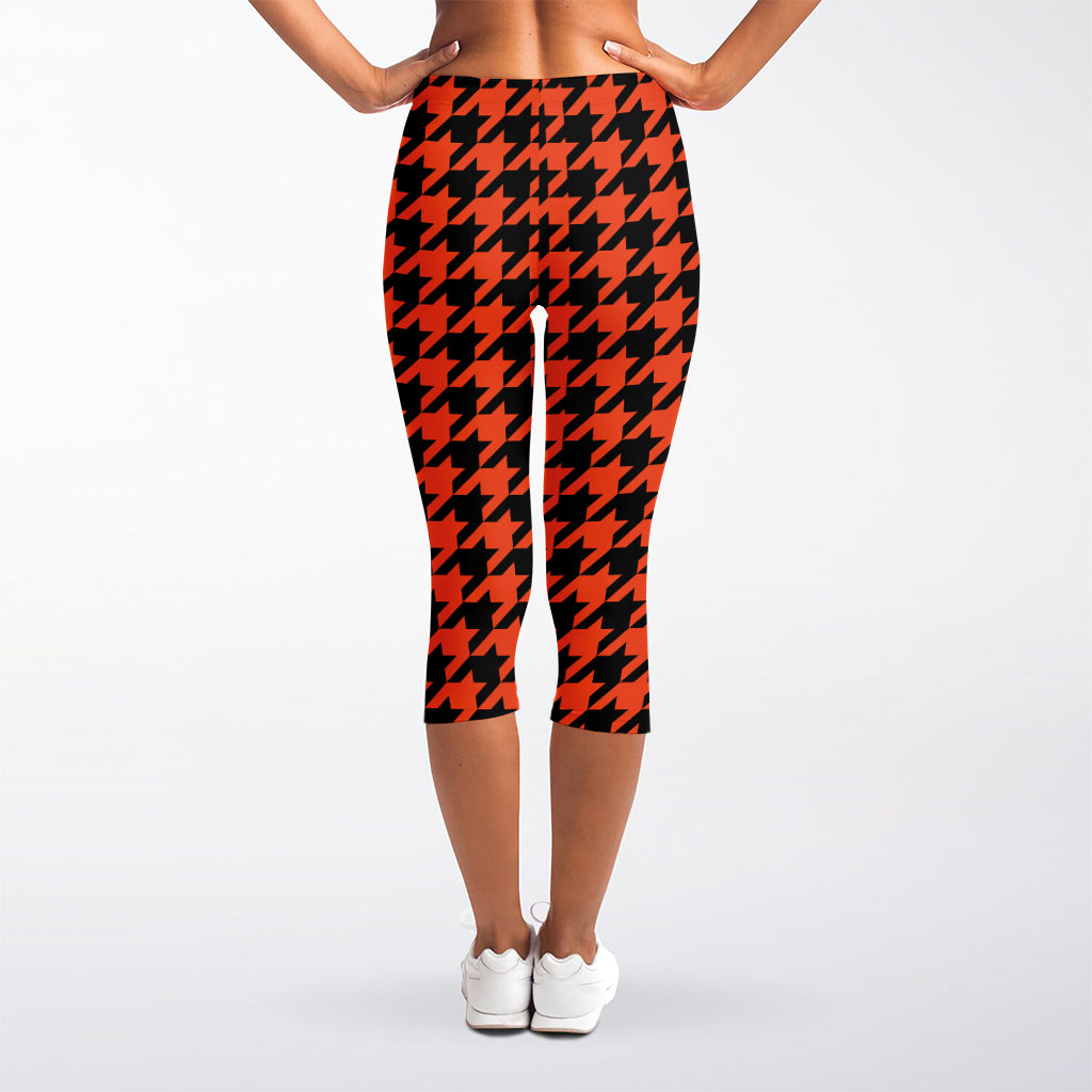 Orange And Black Houndstooth Print Women's Capri Leggings