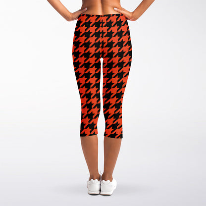 Orange And Black Houndstooth Print Women's Capri Leggings