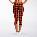 Orange And Black Houndstooth Print Women's Capri Leggings